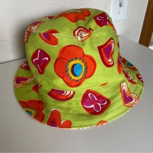 Nordstrom Lime Green Orange Pink Cotton Canvas Floral Print Bucket Hat - Picture 7 of 16